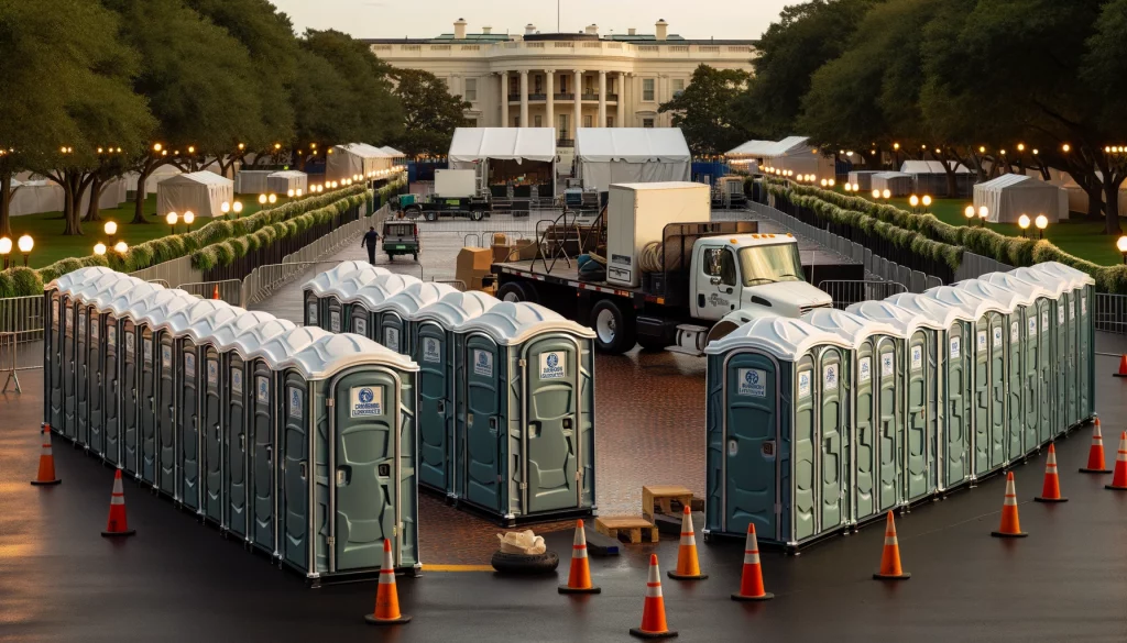 Festival porta potty bank with barricades in Norman, Oklahoma